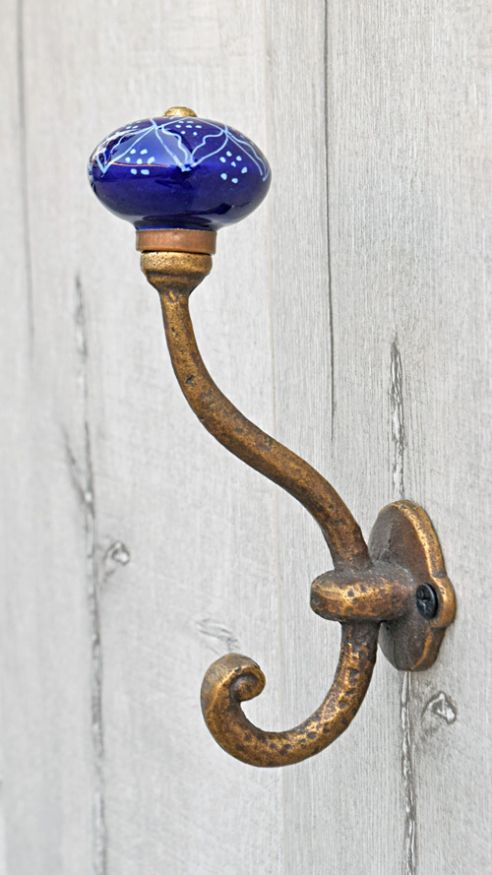 Periwinkle Ceramic Knob Georgian Cast Iron Wall Hook Towel Hook