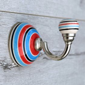 Red Blue Striped Ceramic Coat and Wall Hook