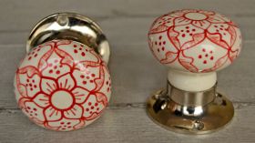 Red Moroccan Floral Ceramic Mortise Door Knob Pair