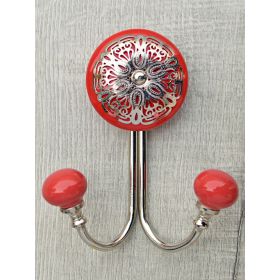 Red Ceramic Silver Filigree Coat and Wall Hook