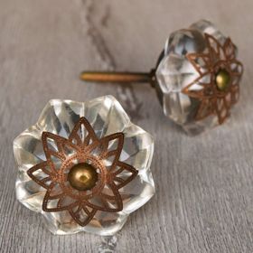 Clear Melon Glass Cupboard Cabinet Knob With Brass Floral Filigree