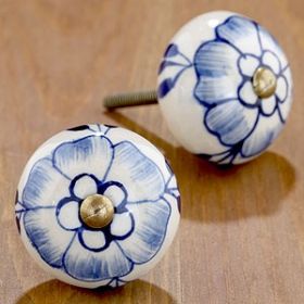 Blue Floral Artwork Ceramic Knob