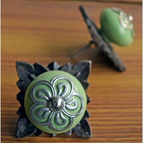 Green Ceramic Knob with Backplate and Silver Filigree