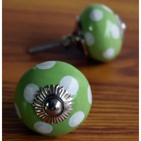 Green and White Polka Dots Ceramic Knob