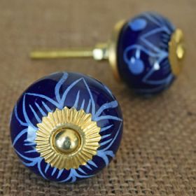 Deep Blue Floral Ceramic Knob