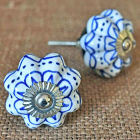 White and Blue Floral  Ceramic Knob