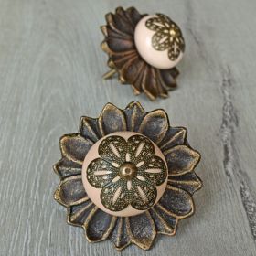 Beige Ceramic Cupboard Drawer Knob with Lotus Backplate and Brass Filigree