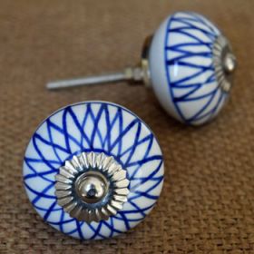 Blue Crosshatch Ceramic Knob