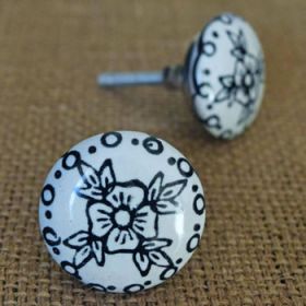 Black and White Floral Flat Ceramic Knob