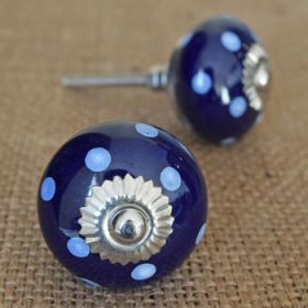 White & Deep Blue Polka Dots Ceramic Knob