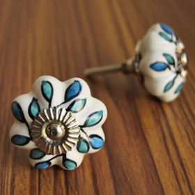 Blue Leaflet Ceramic Dresser Door Knob and Pull