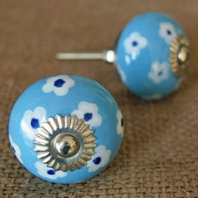 White Daisies on Blue Ceramic Knob