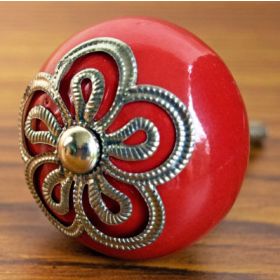 Silver Floral Filigree Red Ceramic Dresser Knob