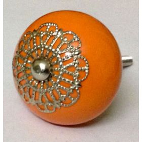 Silver Floral Filigree Orange Ceramic Drawer Knob and Pull