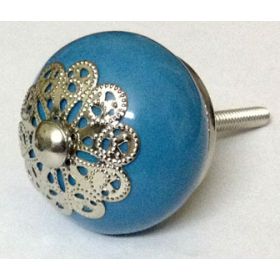 Silver Floral Filigree Blue Ceramic Drawer Knob