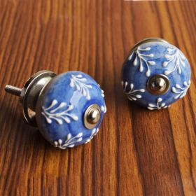 Embossed Fern Blue Ceramic Knob