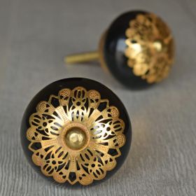 Gold Floral Filigree Black Ceramic Cabinet Drawer Knob