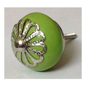 Silver Floral Filigree Green Ceramic Cabinet Drawer Knob