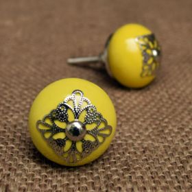 Silver Floral Filigree Yellow Ceramic Knob