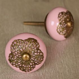 Antique Floral Filigree Pink Ceramic Knob