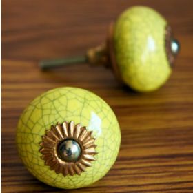 Yellow Crackle Round Ceramic Knob For Drawers