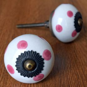 White & Pink Polka Dots Ceramic Knob