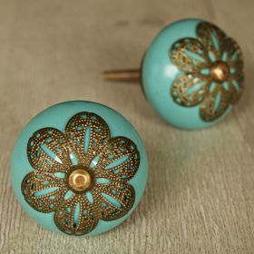 Antique Floral Filigree Turquoise Ceramic Knob for Cabinets