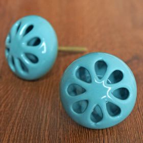 Hollowed Turquoise Flower Ceramic Cupboard Cabinet Knob