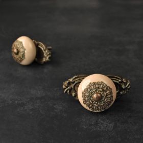 Beige Ceramic Cabinet Drawer Knob with Backplate and Brass Filigree