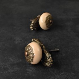 Beige Ceramic Cabinet Drawer Knob with Backplate and Brass Filigree