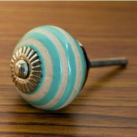 Turquoise Etched Stripes Ceramic Cupboard Cabinet Knob