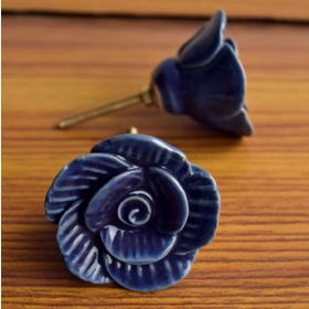 Lined Dark Blue Rose Ceramic Cupboard Drawer Knob