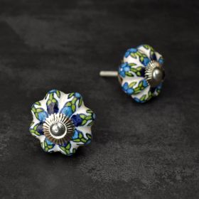 Blue Floral Ceramic Melon Drawer Knob Pull