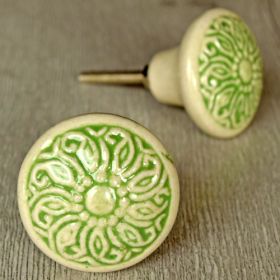 Etched Green & White Floral Ceramic Knob
