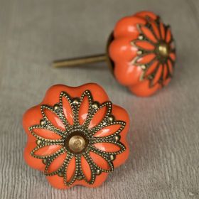Antique Floral Filigree Orange Melon Ceramic Knob