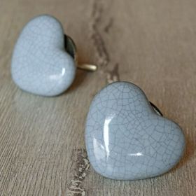 Crackled Grey Hearts Ceramic Dresser Drawer Knob