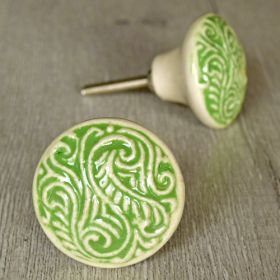 Etched White and Green Floral Ceramic Knob