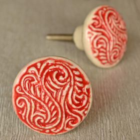 Etched White and Red. Floral Ceramic Knob