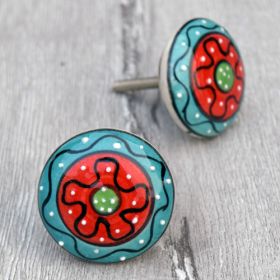 Red & Turquoise Poppy Ceramic Knob