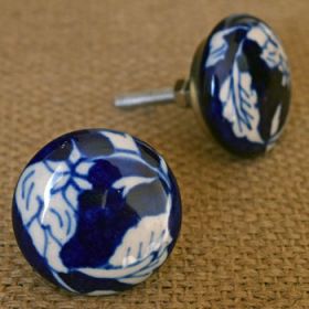White and Blue Leaf Ceramic Knob
