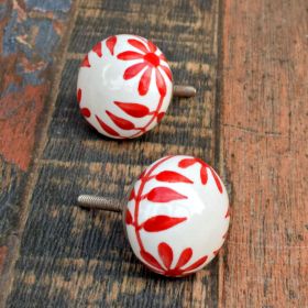 Closed Red and White Floral Artwork Ceramic Knob