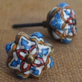 Blue and Brown Floral Ceramic Knob