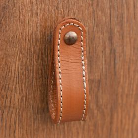 Light Brown Stitched Rounded Leather Drawer Knob Pull