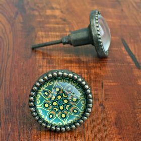 Turquoise Mandala Metal Glass Drawer Knob