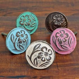 Engraved Pink Daisy Antique Metal Knob