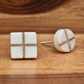 White Marble Wood Inlay Cabinet Knob